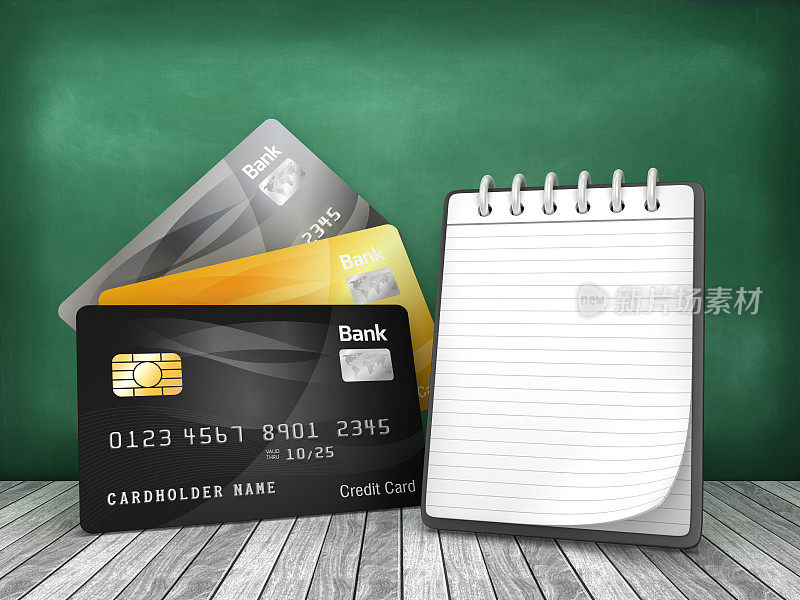 信用卡与空白笔记垫在黑板上- 3D渲染